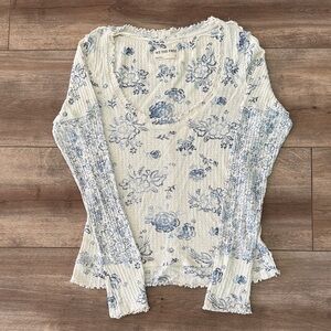 We The Free Floral Long Sleeve Top - Cream and Blue